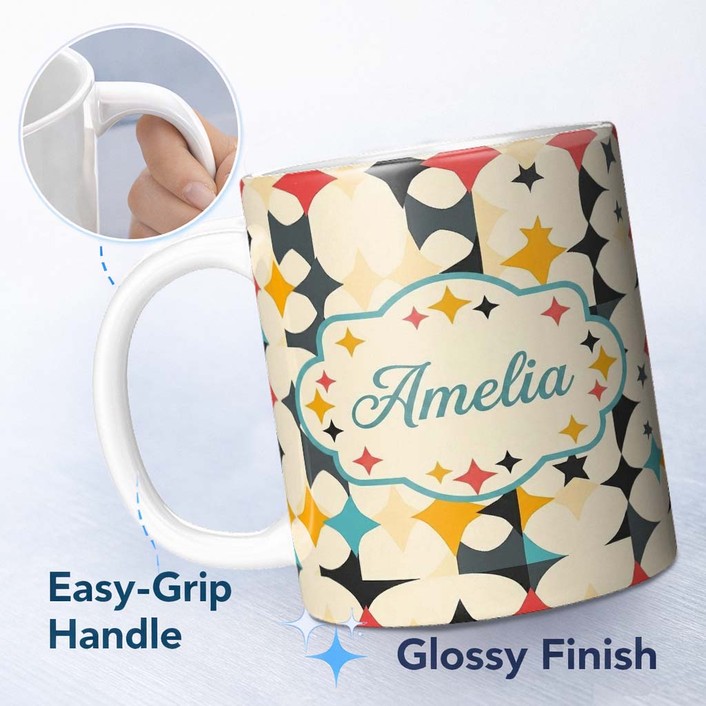 Personalized Custom Name Abstract Floral Star Shapes Mid Century Seamless Pattern Name Cute 11oz Ceramic Coffee Tea Mug White Large Handle