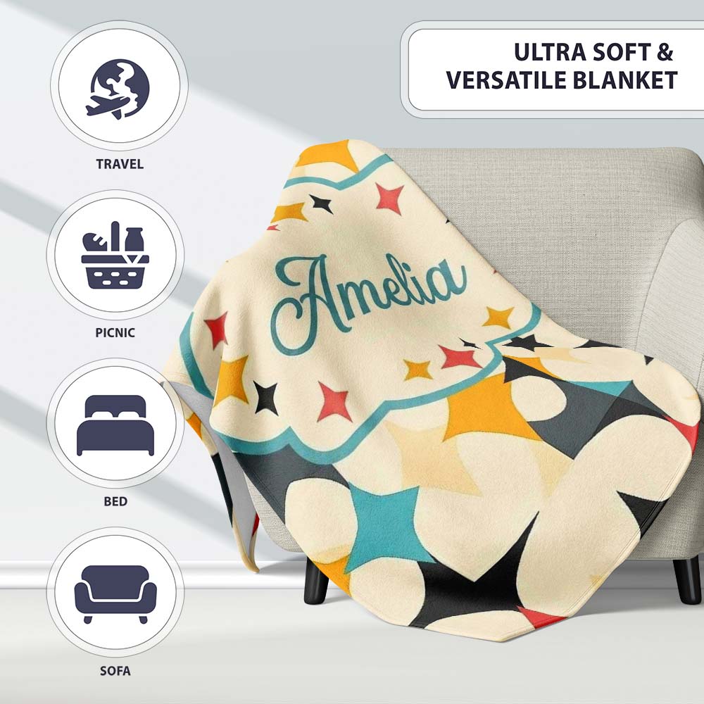 Abstract Floral Star Shapes Mid Century Seamless Pattern Name Cute Personalised Custom Name Super Soft Fleece Blanket Bed Sofa Throw