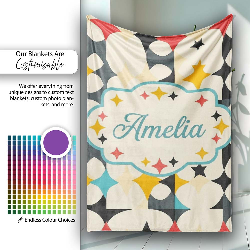 Abstract Floral Star Shapes Mid Century Seamless Pattern Name Cute Personalised Custom Name Super Soft Fleece Blanket Bed Sofa Throw