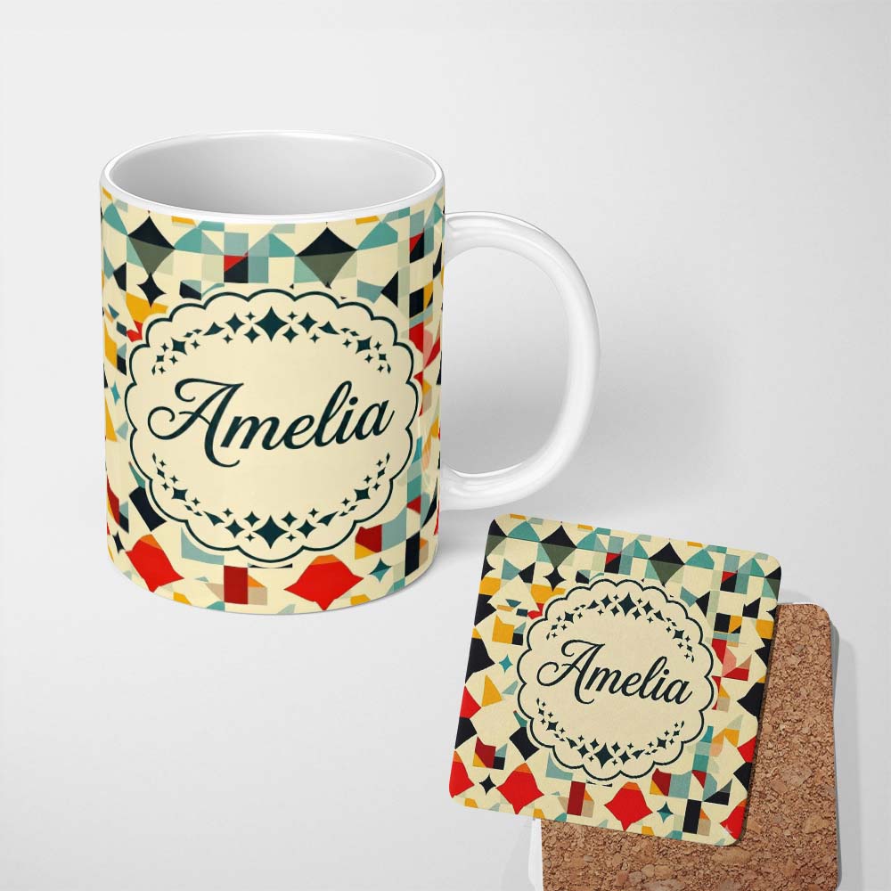 Personalized Custom Name Abstract Geometric Mosaic Shapes Colorful Seamless Pattern Name Cute 11oz Ceramic Coffee Tea Mug White Large Handle