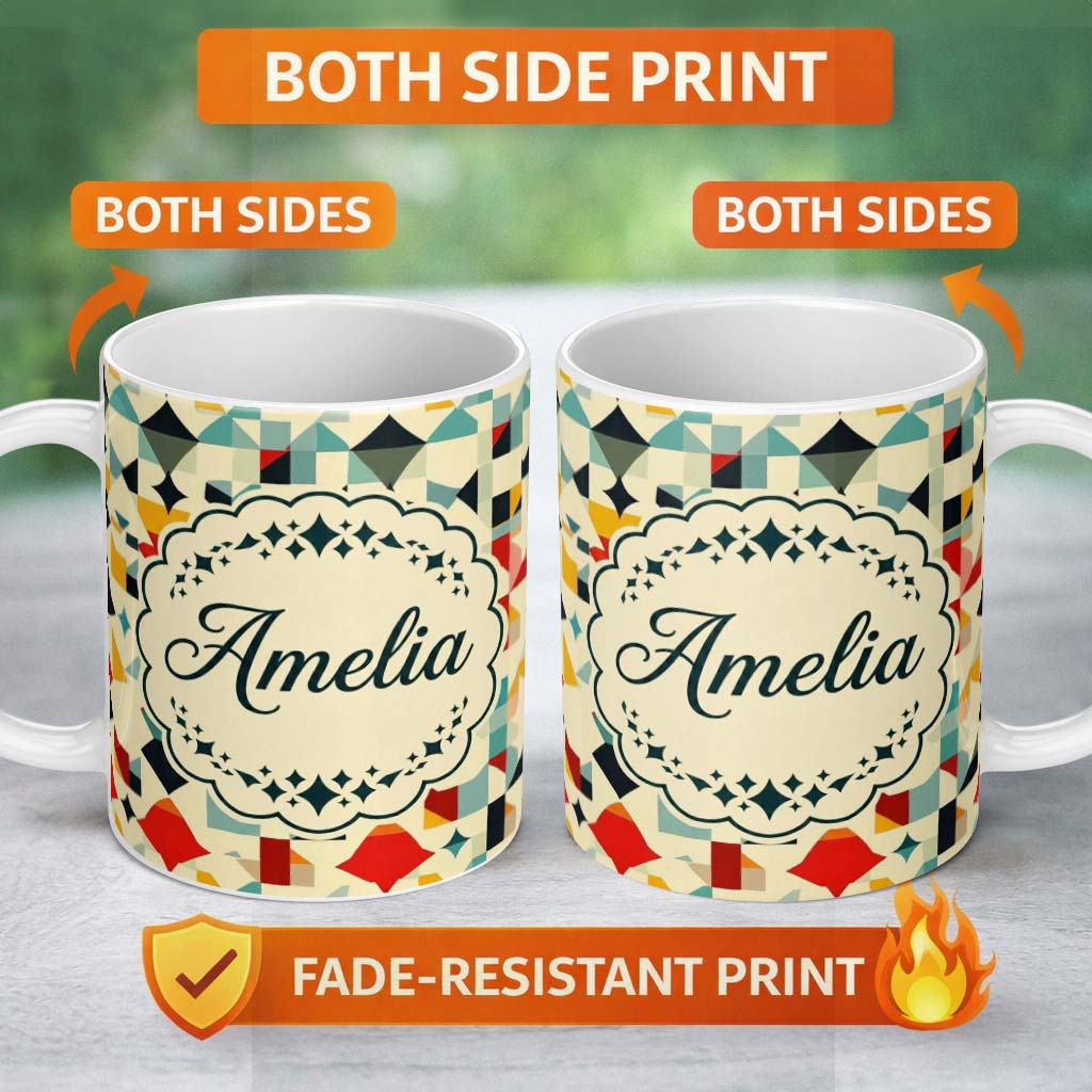 Personalized Custom Name Abstract Geometric Mosaic Shapes Colorful Seamless Pattern Name Cute 11oz Ceramic Coffee Tea Mug White Large Handle