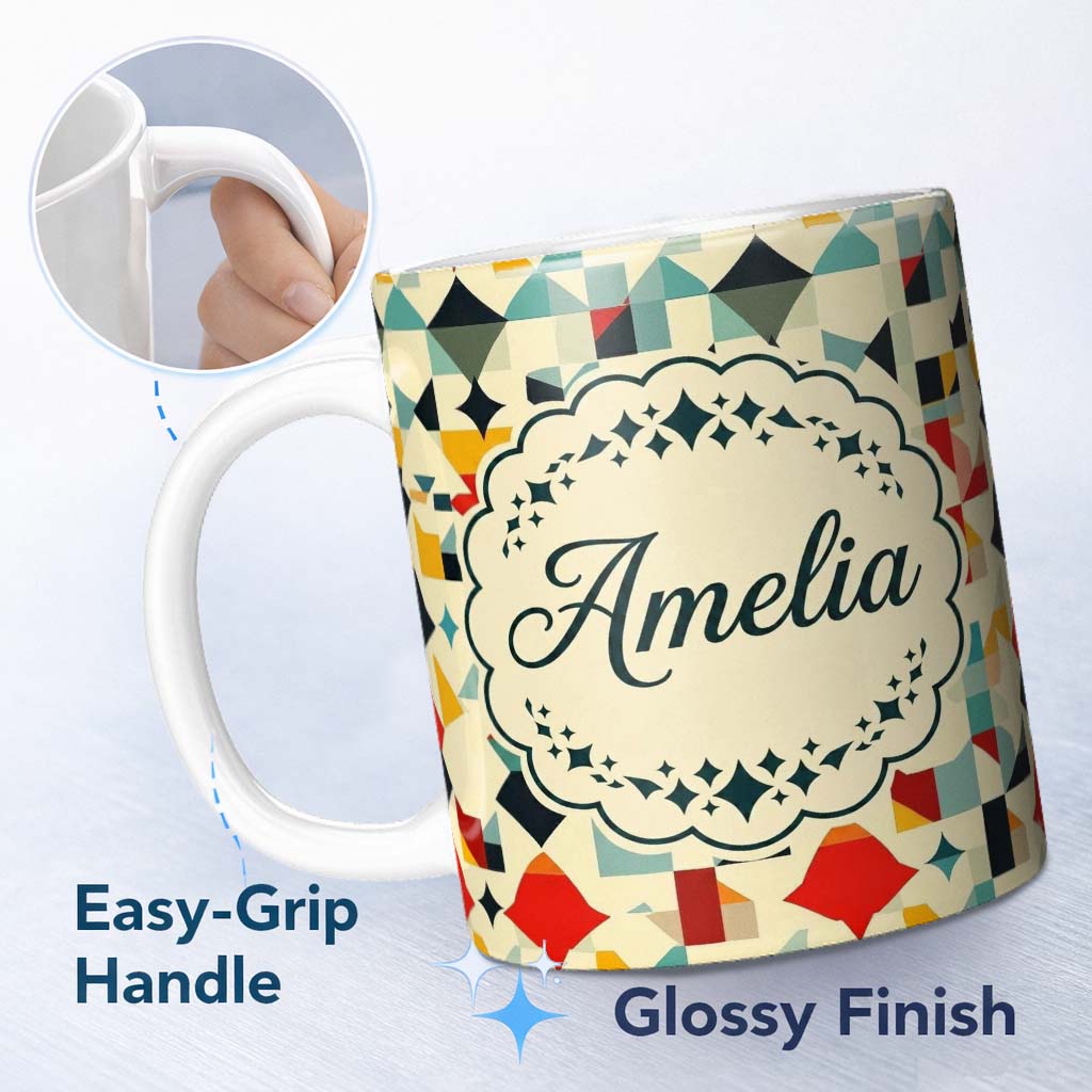 Personalized Custom Name Abstract Geometric Mosaic Shapes Colorful Seamless Pattern Name Cute 11oz Ceramic Coffee Tea Mug White Large Handle
