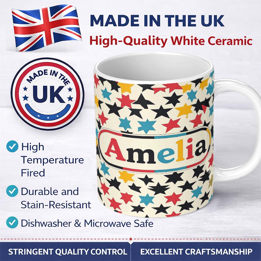 Personalized Custom Name Abstract Scattered Star Shapes Colorful Seamless Pattern Name Cute 11oz Ceramic Coffee Tea Mug White Large Handle