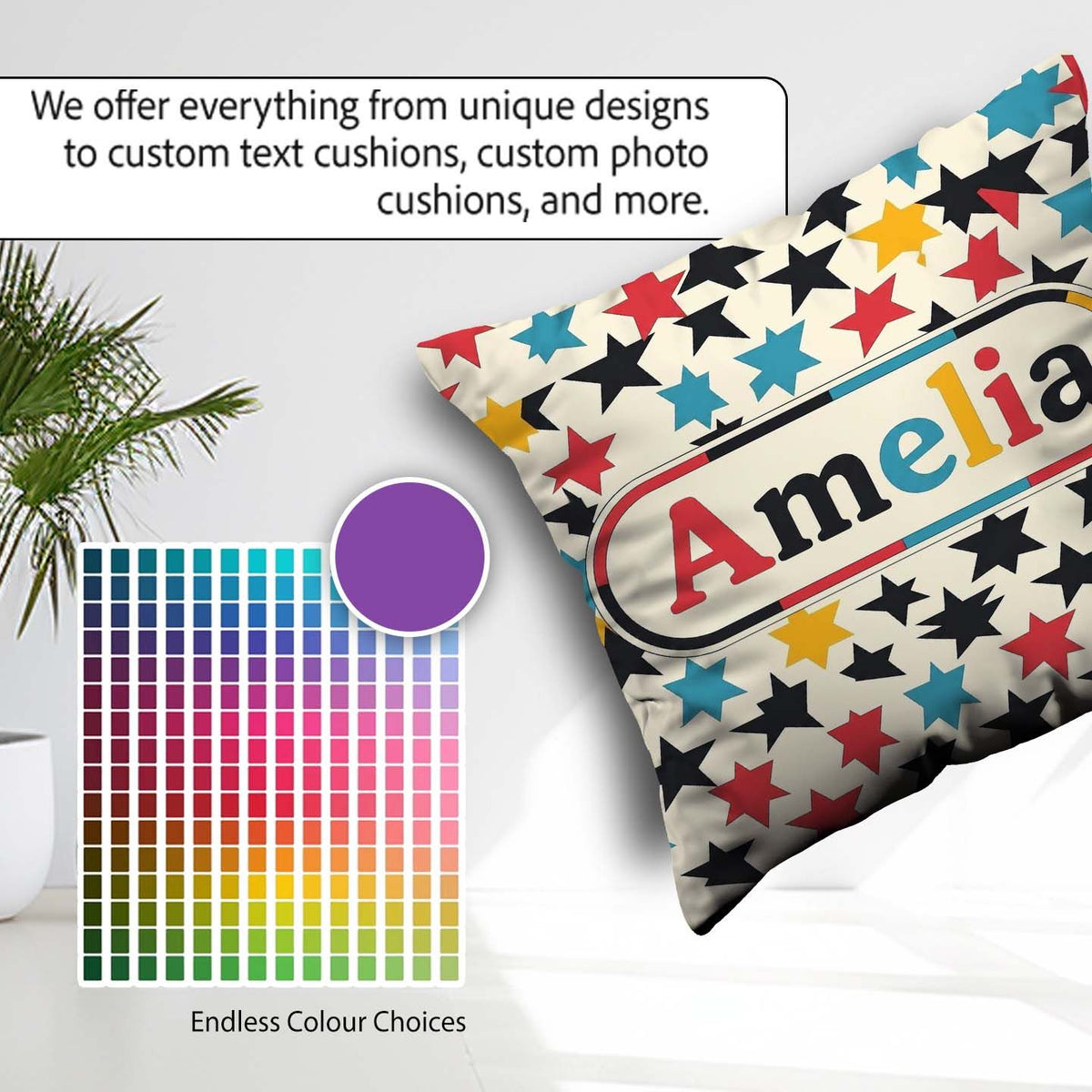 Custom Name Abstract Scattered Star Shapes Colorful Pattern Name Square Filled Cushion Throw Pillow Sofa Bed Home Decor Zip Washable UK Made