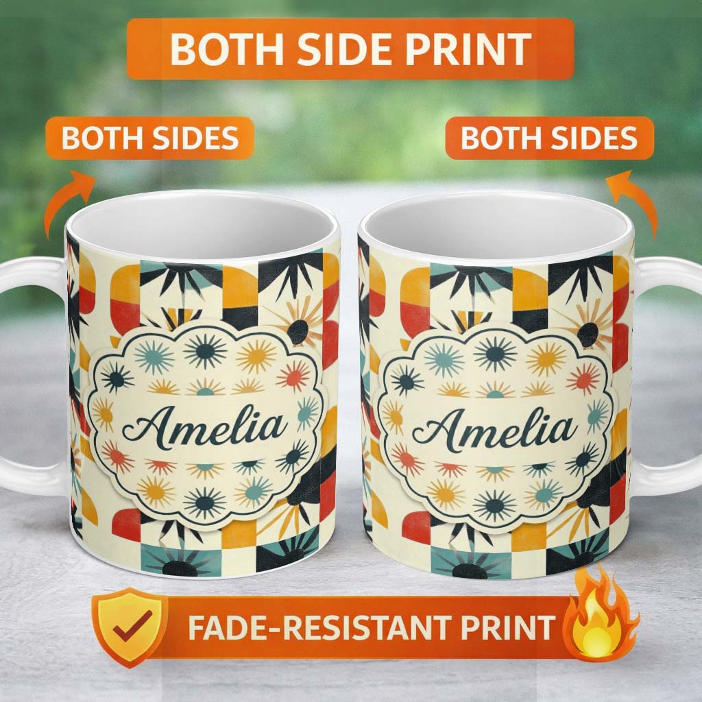 Personalized Custom Name Abstract Sunburst Geometric Shapes Colorful Seamless Pattern Name 11oz Ceramic Coffee Tea Mug White Large Handle