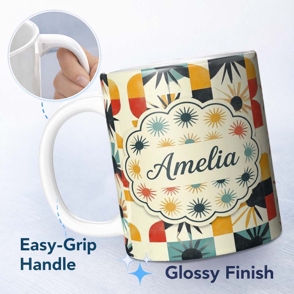 Personalized Custom Name Abstract Sunburst Geometric Shapes Colorful Seamless Pattern Name 11oz Ceramic Coffee Tea Mug White Large Handle