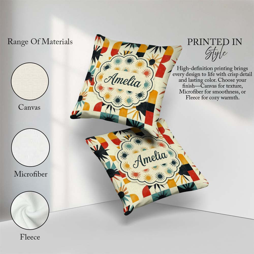 Custom Name Abstract Sunburst Geometric Shapes Colorful Seamless Square Filled Cushion Throw Pillow Sofa Bed Home Decor Zip Washable UK Made