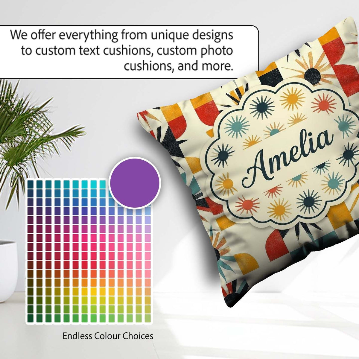 Custom Name Abstract Sunburst Geometric Shapes Colorful Seamless Square Filled Cushion Throw Pillow Sofa Bed Home Decor Zip Washable UK Made