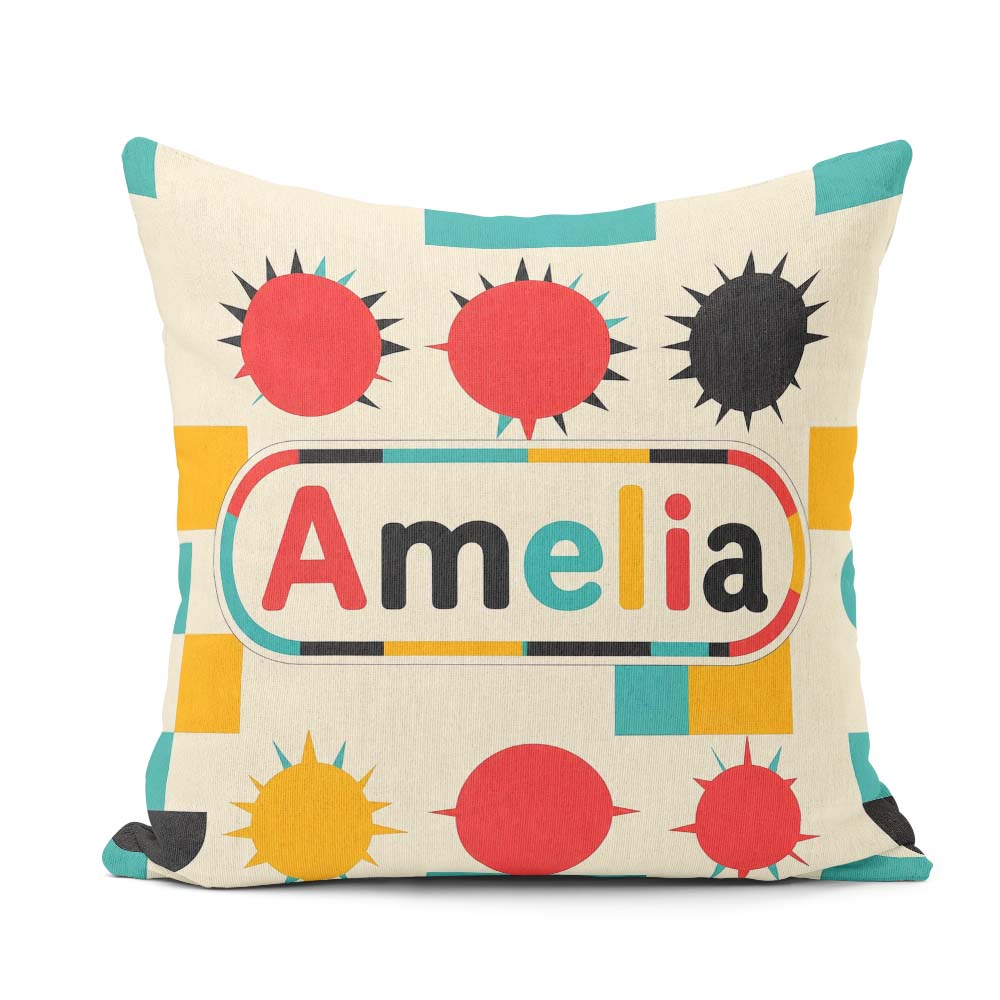 Custom Name Abstract Spiky Sun Shapes Colorful Pattern Name Cute Square Filled Cushion Throw Pillow Sofa Bed Home Decor Zip Washable UK Made