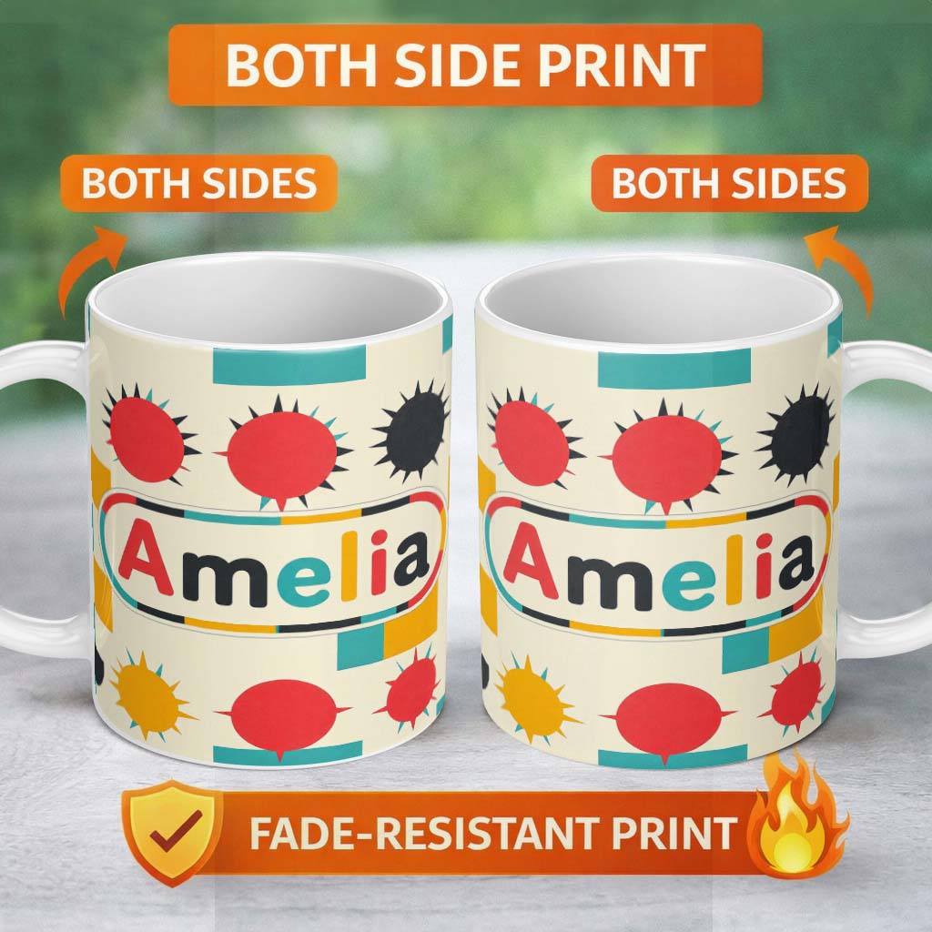 Personalized Custom Name Abstract Spiky Sun Shapes Colorful Seamless Pattern Name Cute 11oz Ceramic Coffee Tea Mug White Large Handle