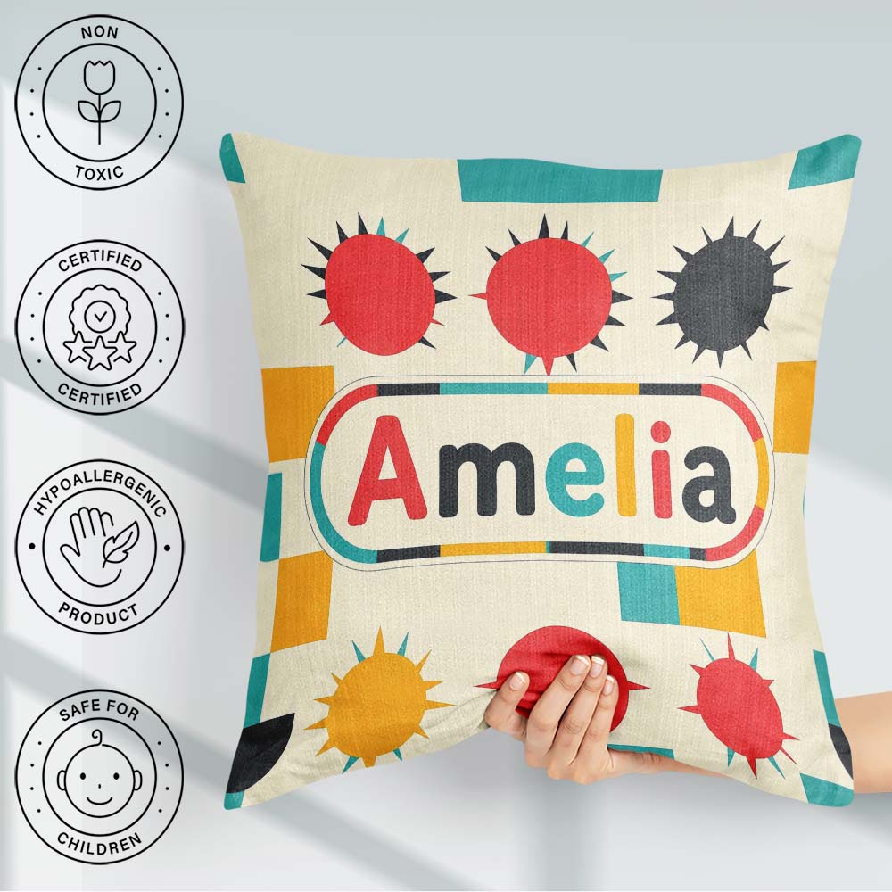 Custom Name Abstract Spiky Sun Shapes Colorful Pattern Name Cute Square Filled Cushion Throw Pillow Sofa Bed Home Decor Zip Washable UK Made