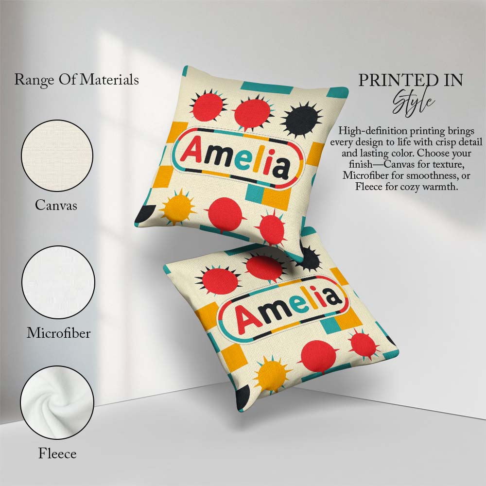 Custom Name Abstract Spiky Sun Shapes Colorful Pattern Name Cute Square Filled Cushion Throw Pillow Sofa Bed Home Decor Zip Washable UK Made