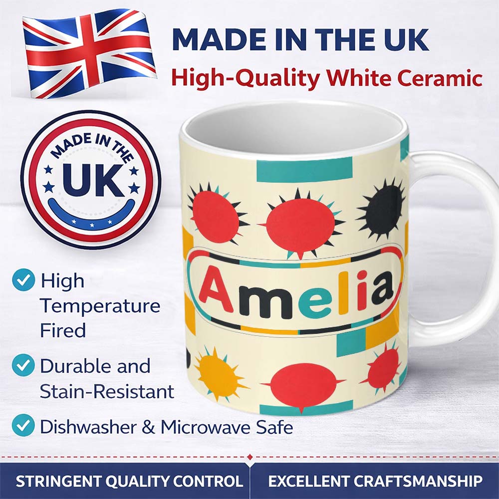Personalized Custom Name Abstract Spiky Sun Shapes Colorful Seamless Pattern Name Cute 11oz Ceramic Coffee Tea Mug White Large Handle