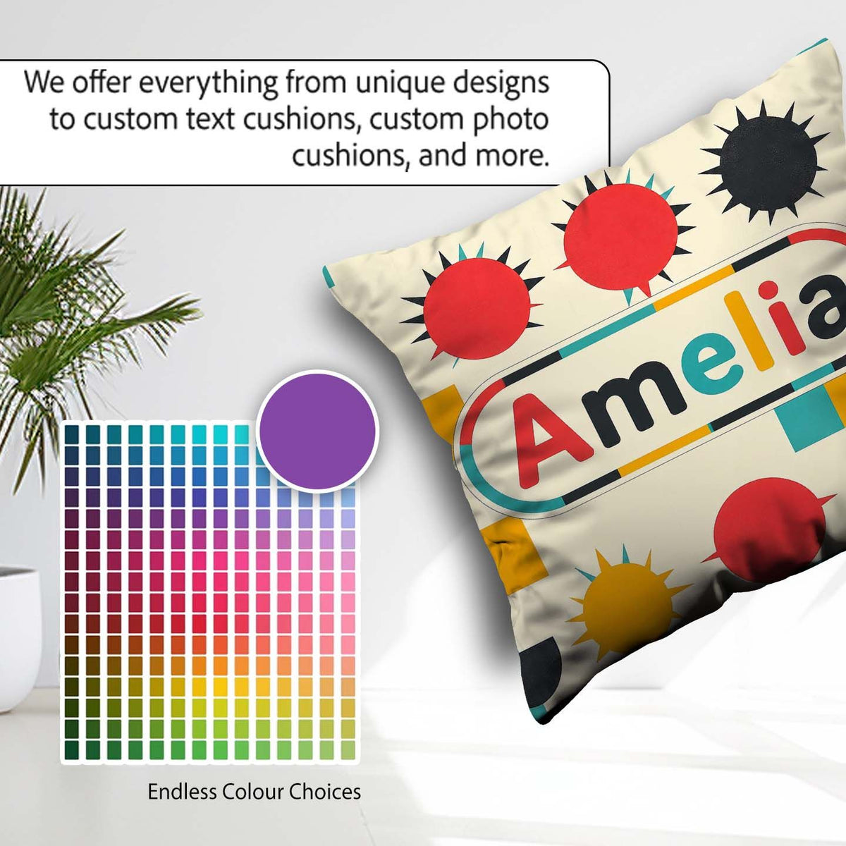 Custom Name Abstract Spiky Sun Shapes Colorful Pattern Name Cute Square Filled Cushion Throw Pillow Sofa Bed Home Decor Zip Washable UK Made