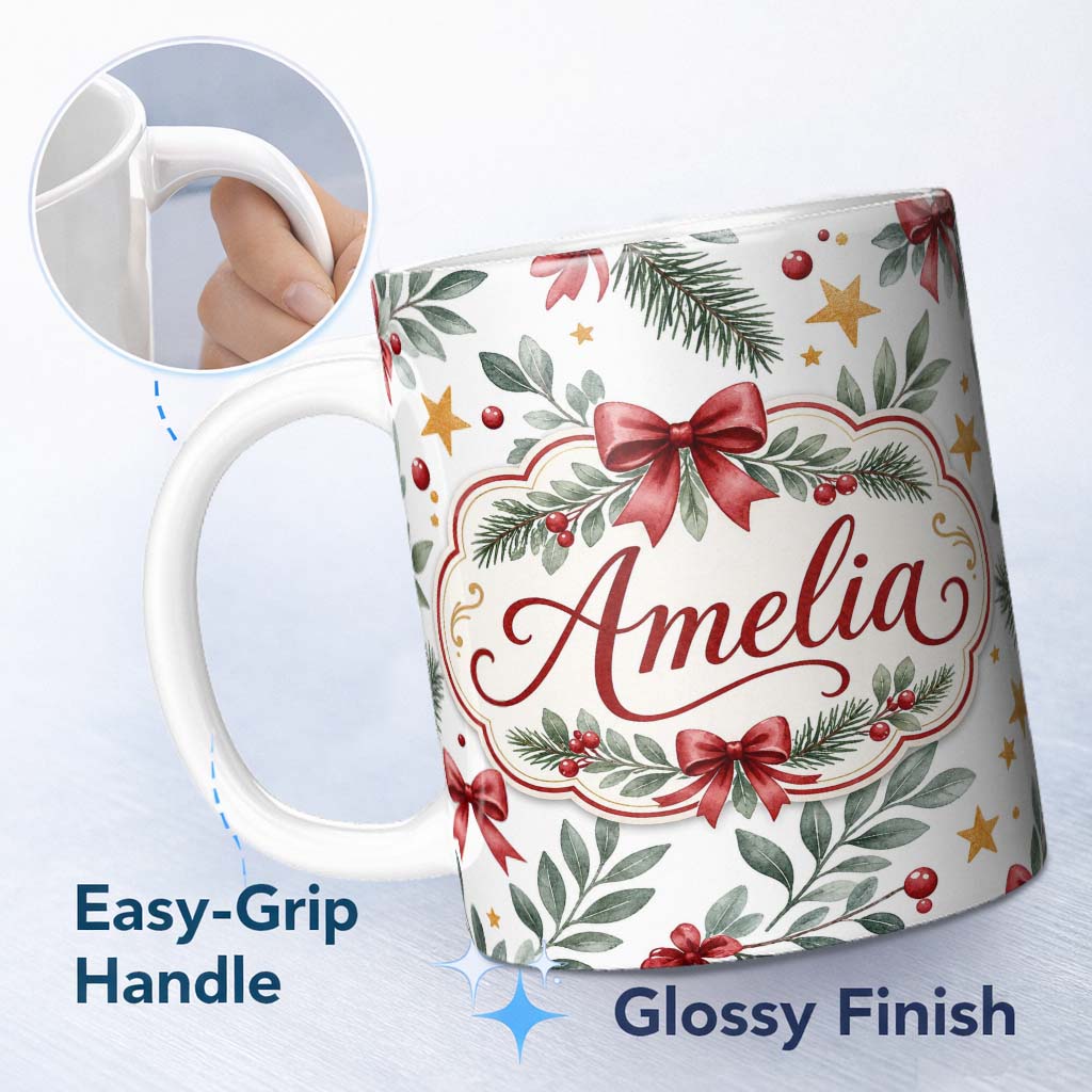 Personalized Custom Name Watercolor Red Bow Gold Star Leaf Berry Holiday Seamless Pattern 11oz Ceramic Coffee Tea Mug White Large Handle