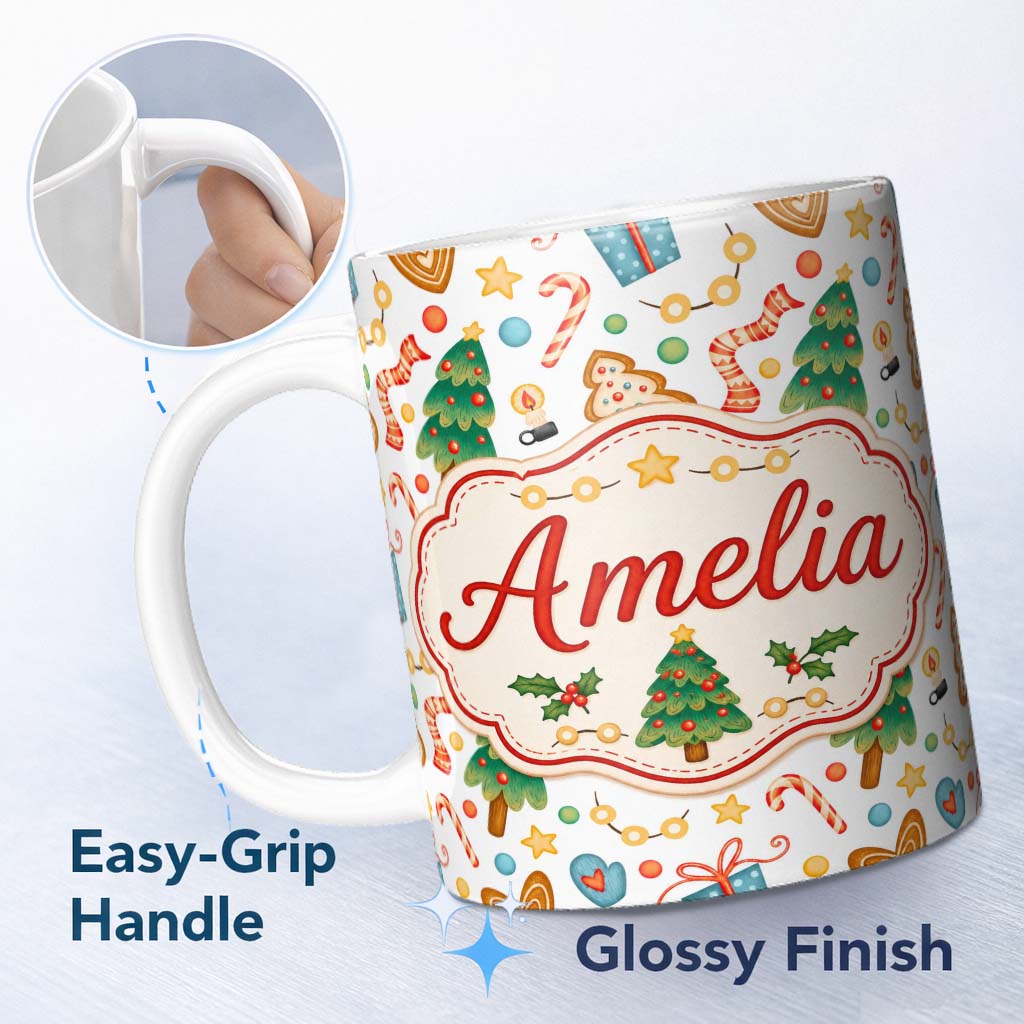 Personalized Custom Name Cute Christmas Cookies Candy Canes Gifts and Tree Seamless Pattern 11oz Ceramic Coffee Tea Mug White Large Handle