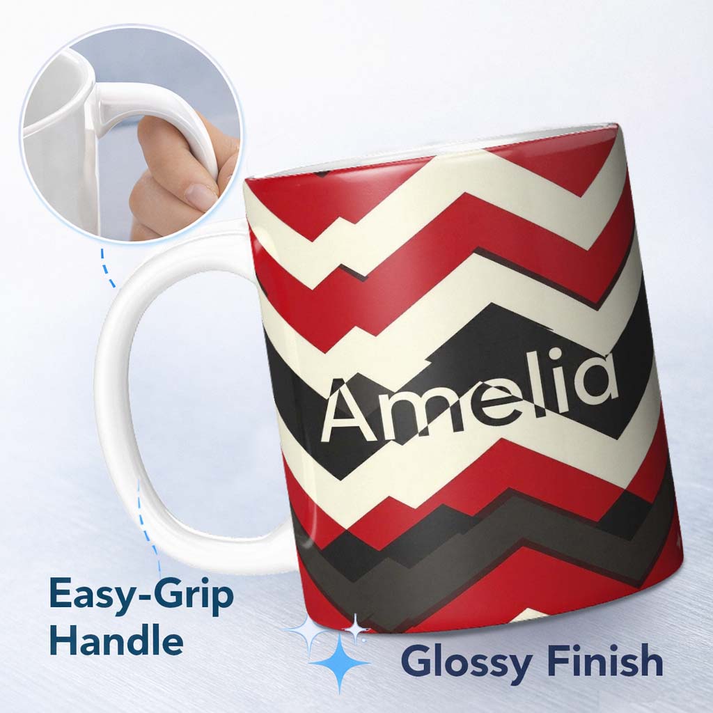 Personalized Custom Name Abstract Bold Zigzag Chevron Stripes Seamless Pattern Name Cute 11oz Ceramic Coffee Tea Mug White Large Handle