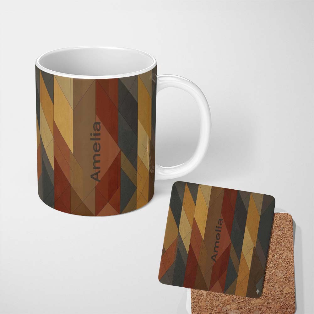 Personalized Custom Name Abstract Warm Tone Geometric Faceted Shapes Seamless Pattern Name 11oz Ceramic Coffee Tea Mug White Large Handle