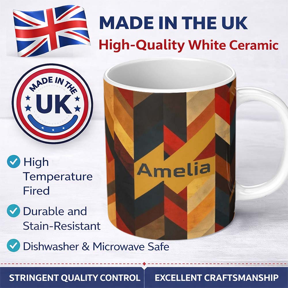 Personalized Custom Name Abstract Vintage Chevron Gradient Stripes Seamless Pattern Name Cute 11oz Ceramic Coffee Tea Mug White Large Handle