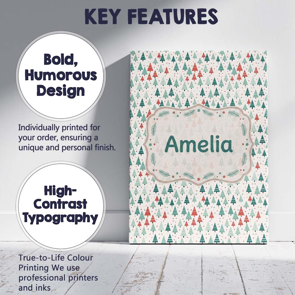 Personalised Name Small Repeating Christmas Trees Red Green Seamless Custom Home Canvas Wall Art Print Decor Picture Ready to Hang