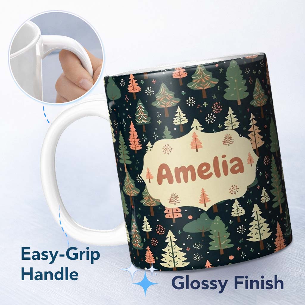 Personalized Custom Name Winter Forest Christmas Trees with Snowflakes on Dark Background 11oz Ceramic Coffee Tea Mug White Large Handle