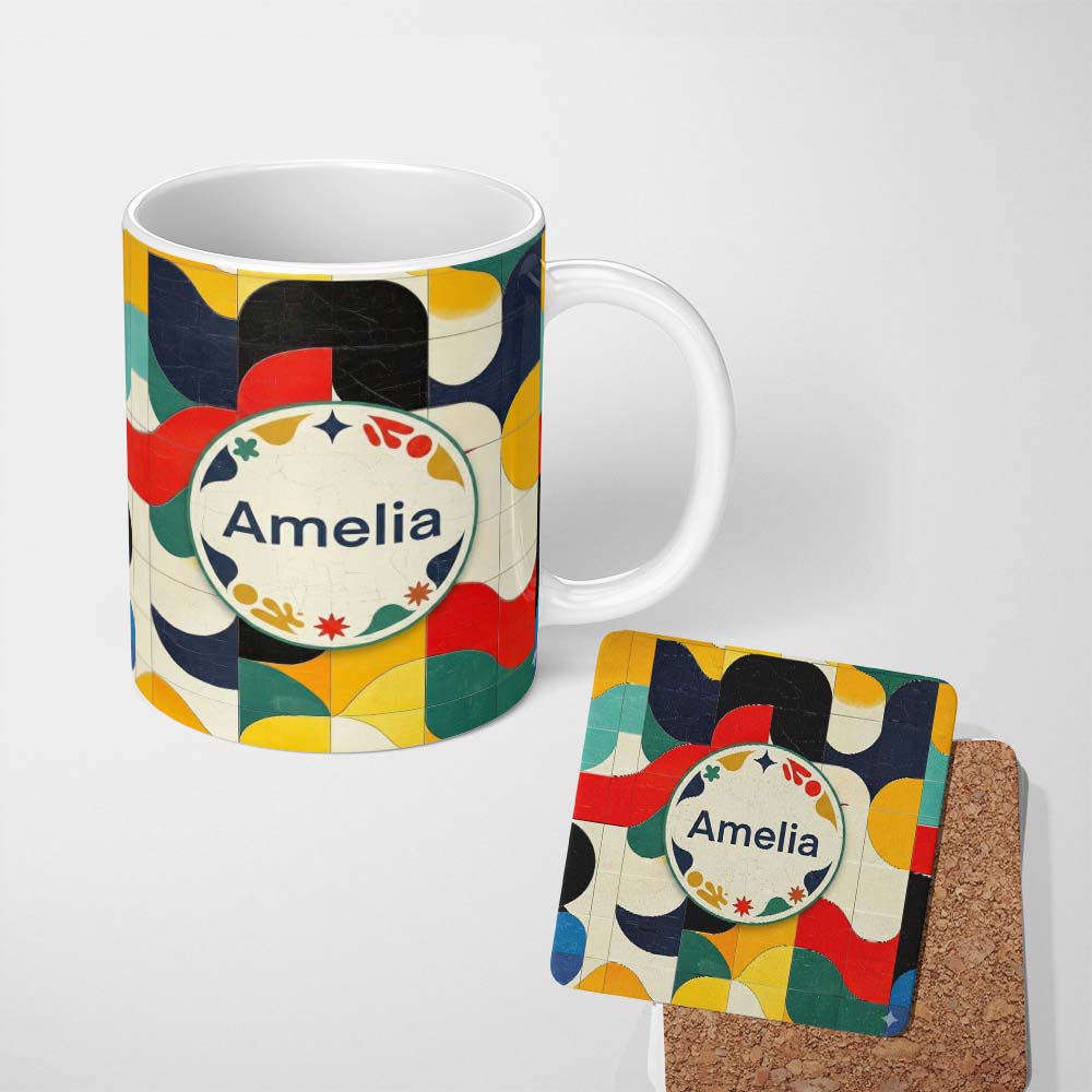 Personalized Custom Name Abstract Organic Curved Shapes Colorful Seamless Pattern Name Cute 11oz Ceramic Coffee Tea Mug White Large Handle
