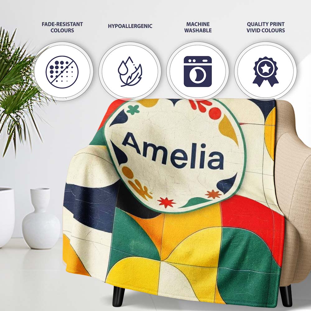Abstract Organic Curved Shapes Colorful Seamless Pattern Name Cute Personalised Custom Name Super Soft Fleece Blanket Bed Sofa Throw