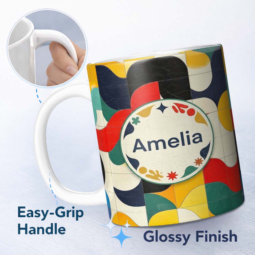 Personalized Custom Name Abstract Organic Curved Shapes Colorful Seamless Pattern Name Cute 11oz Ceramic Coffee Tea Mug White Large Handle