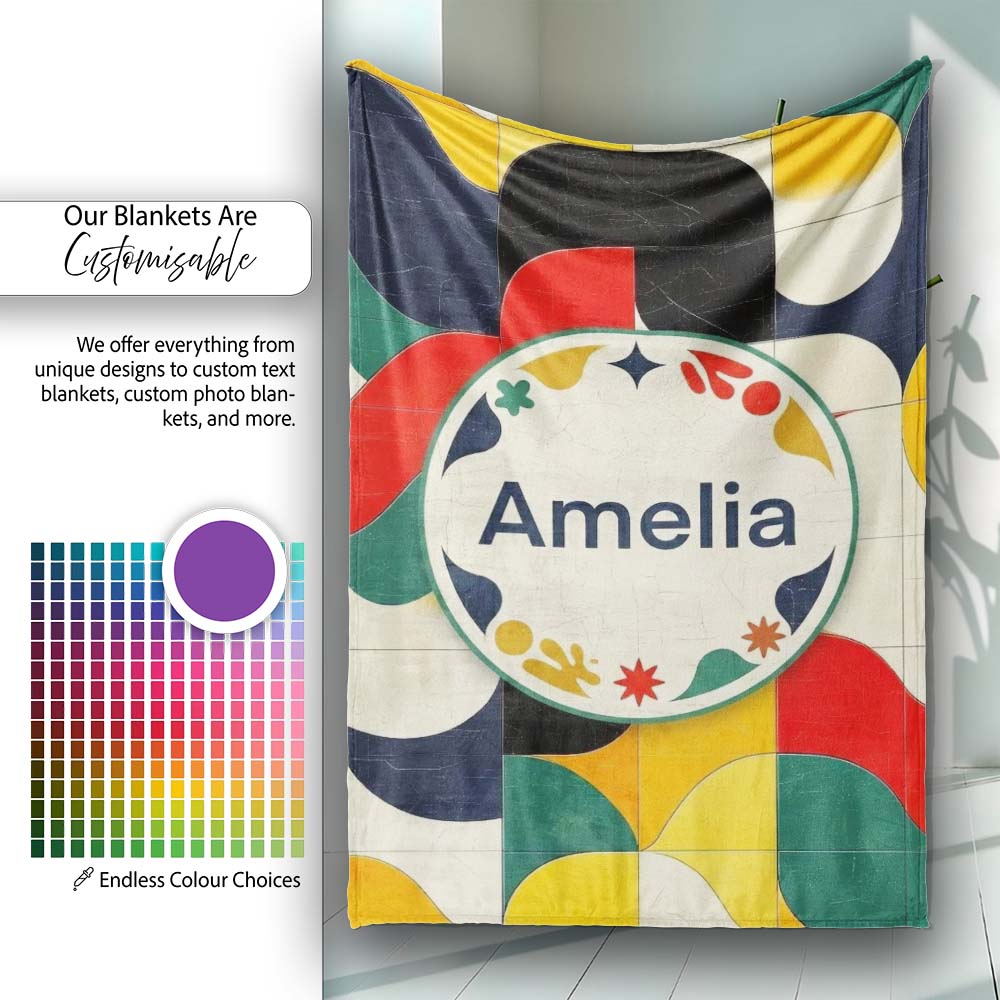 Abstract Organic Curved Shapes Colorful Seamless Pattern Name Cute Personalised Custom Name Super Soft Fleece Blanket Bed Sofa Throw