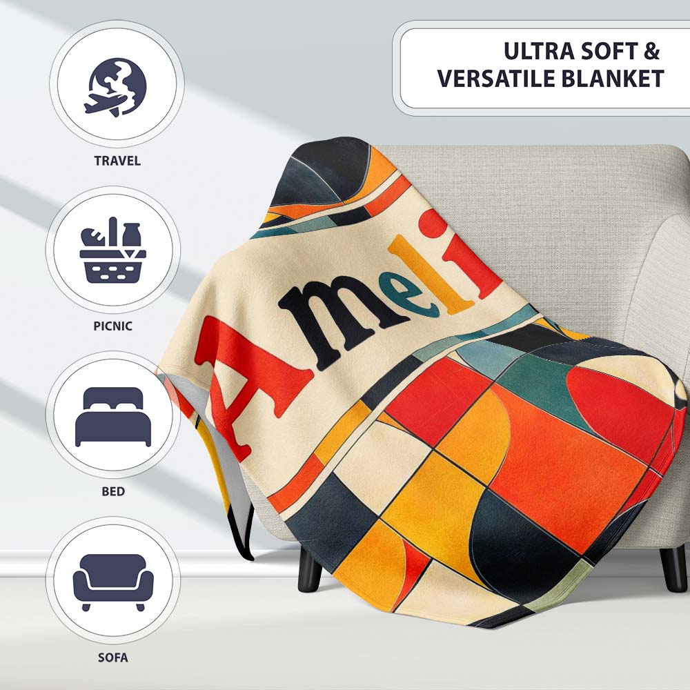 Abstract Mid Century Geometric Tile Pattern Colorful Seamless Name Personalised Custom Name Super Soft Fleece Blanket Bed Sofa Throw