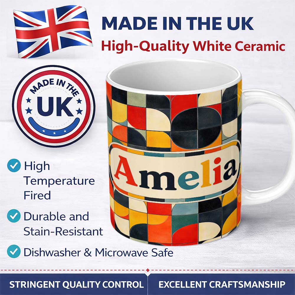 Personalized Custom Name Abstract Mid Century Geometric Tile Pattern Colorful Seamless Name 11oz Ceramic Coffee Tea Mug White Large Handle