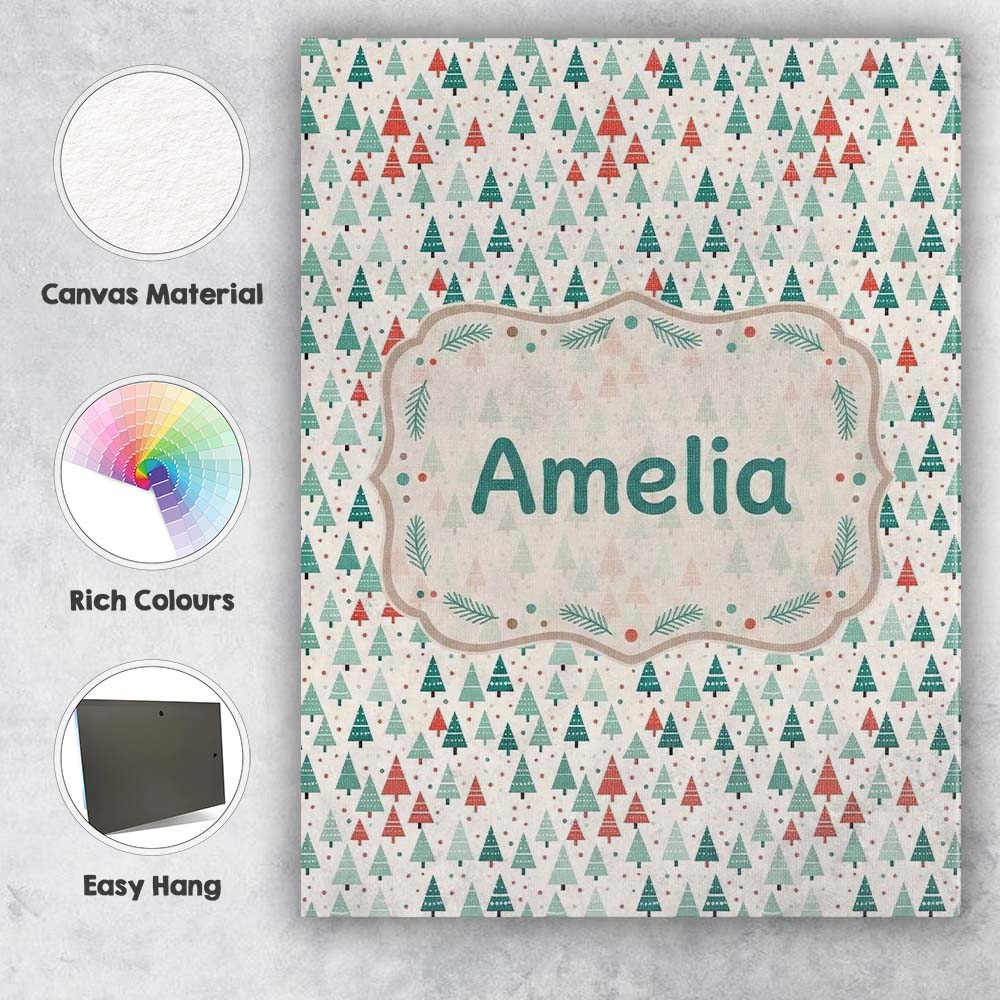 Personalised Name Small Repeating Christmas Trees Red Green Seamless Custom Home Canvas Wall Art Print Decor Picture Ready to Hang