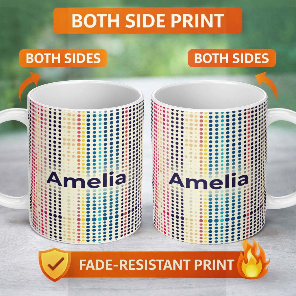 Personalized Custom Name Abstract Colorful Polka Dot Gradient Stripes Seamless Pattern Name 11oz Ceramic Coffee Tea Mug White Large Handle