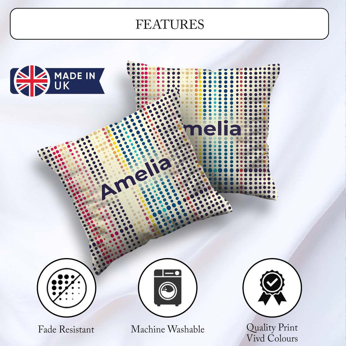 Custom Name Abstract Colorful Polka Dot Gradient Stripes Pattern Square Filled Cushion Throw Pillow Sofa Bed Home Decor Zip Washable UK Made