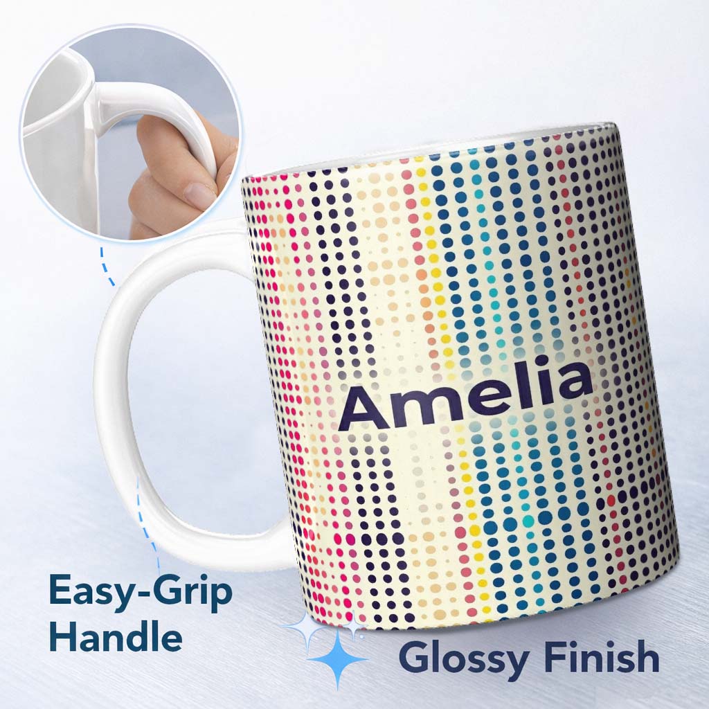 Personalized Custom Name Abstract Colorful Polka Dot Gradient Stripes Seamless Pattern Name 11oz Ceramic Coffee Tea Mug White Large Handle