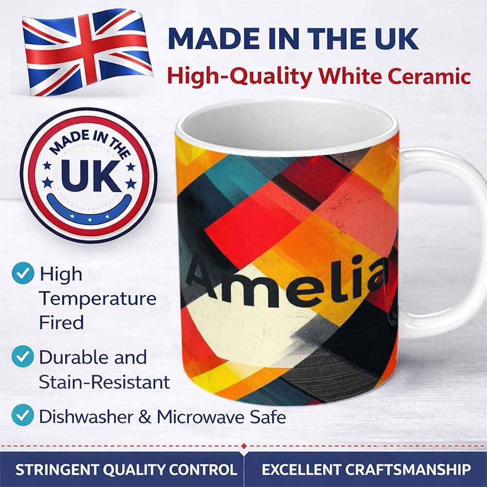 Personalized Custom Name Abstract Bold Overlapping Geometric Blocks Modern Seamless Pattern 11oz Ceramic Coffee Tea Mug White Large Handle