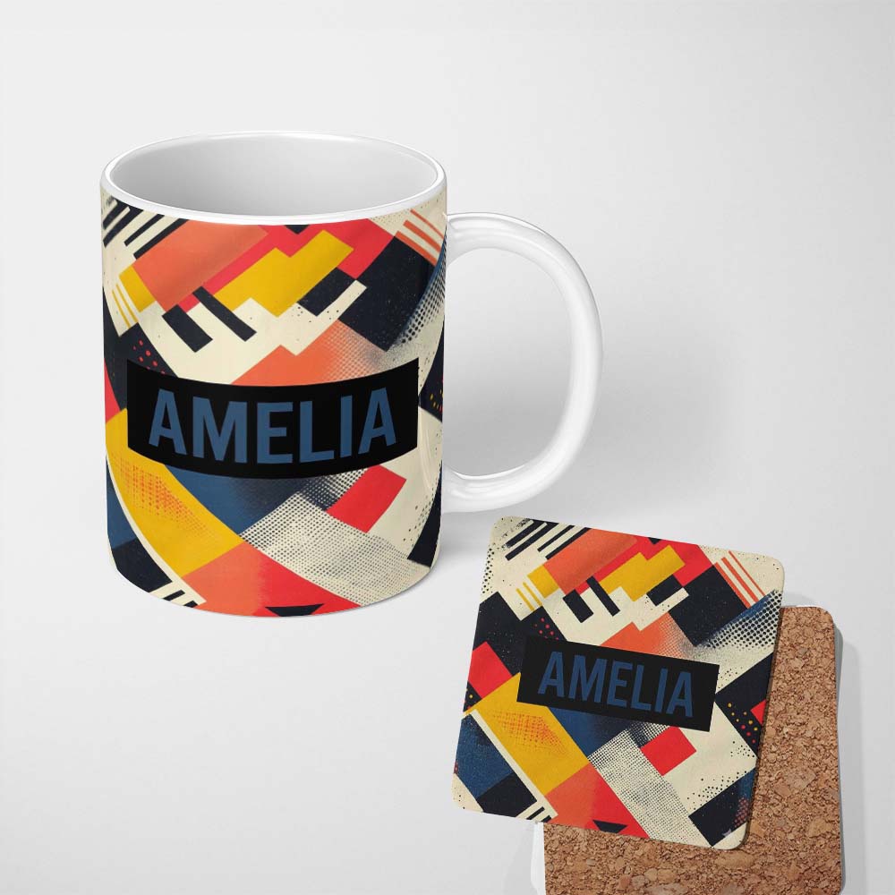 Personalized Custom Name Abstract Halftone Geometric Shapes Colorful Seamless Pattern Name 11oz Ceramic Coffee Tea Mug White Large Handle