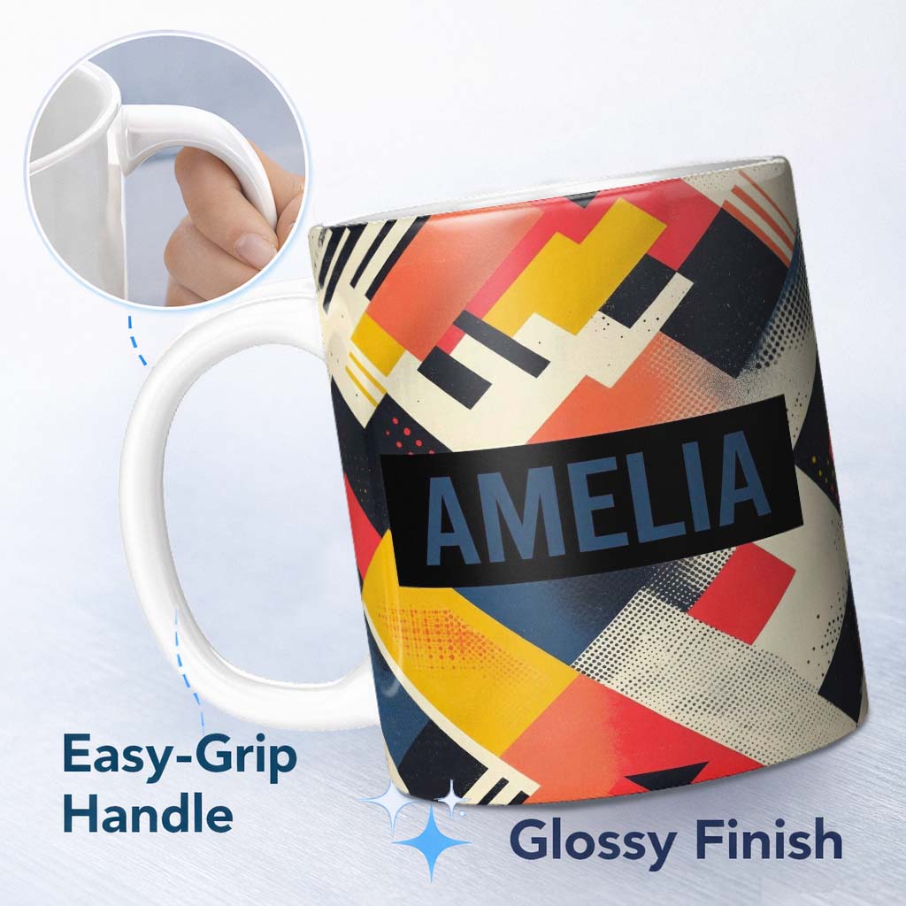 Personalized Custom Name Abstract Halftone Geometric Shapes Colorful Seamless Pattern Name 11oz Ceramic Coffee Tea Mug White Large Handle