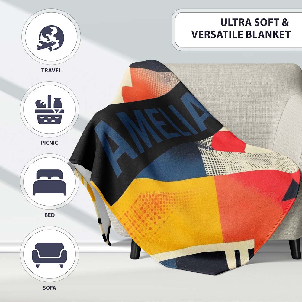 Abstract Halftone Geometric Shapes Colorful Seamless Pattern Name Personalised Custom Name Super Soft Fleece Blanket Bed Sofa Throw