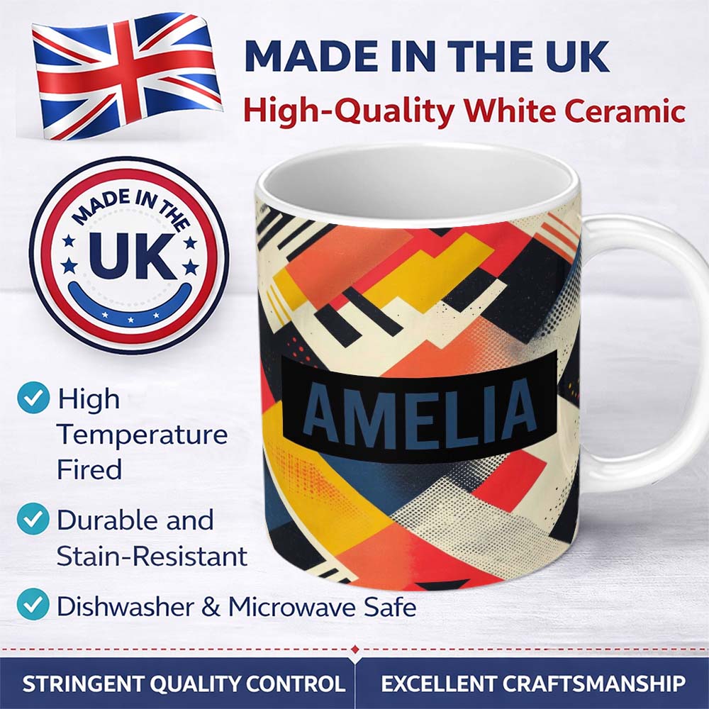 Personalized Custom Name Abstract Halftone Geometric Shapes Colorful Seamless Pattern Name 11oz Ceramic Coffee Tea Mug White Large Handle