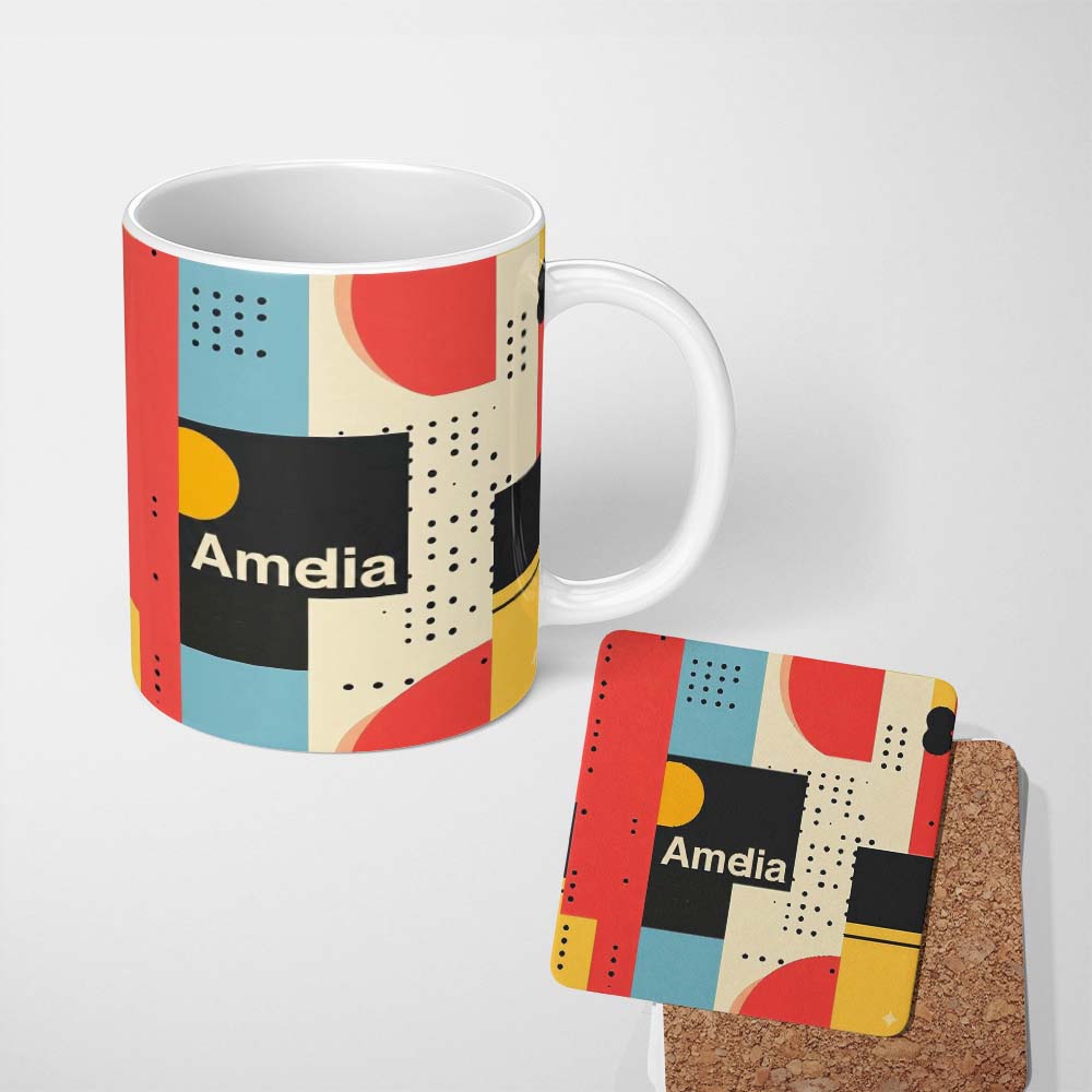 Personalized Custom Name Abstract Minimal Modern Shapes with Dots Seamless Pattern Custom 11oz Ceramic Coffee Tea Mug White Large Handle