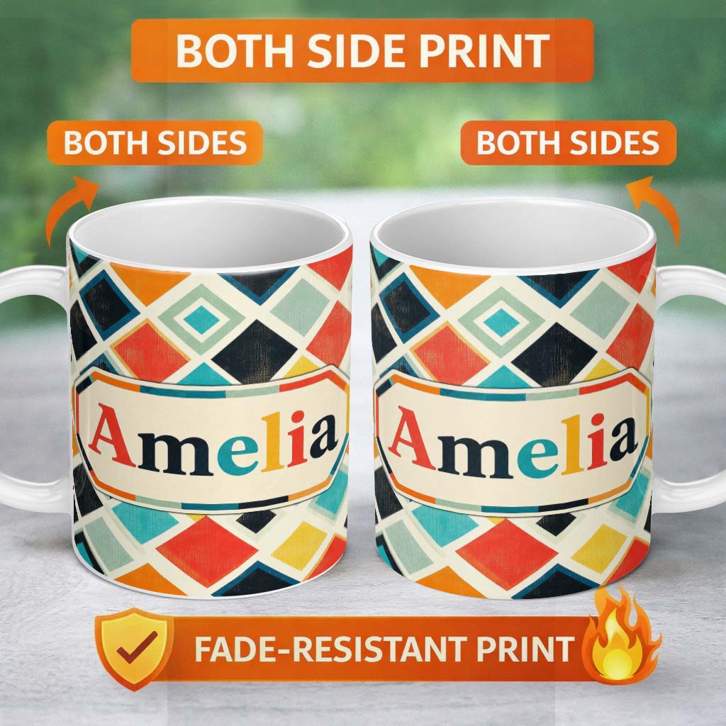 Personalized Custom Name Abstract Mid Century Diamond Shapes Colorful Seamless Pattern Name 11oz Ceramic Coffee Tea Mug White Large Handle