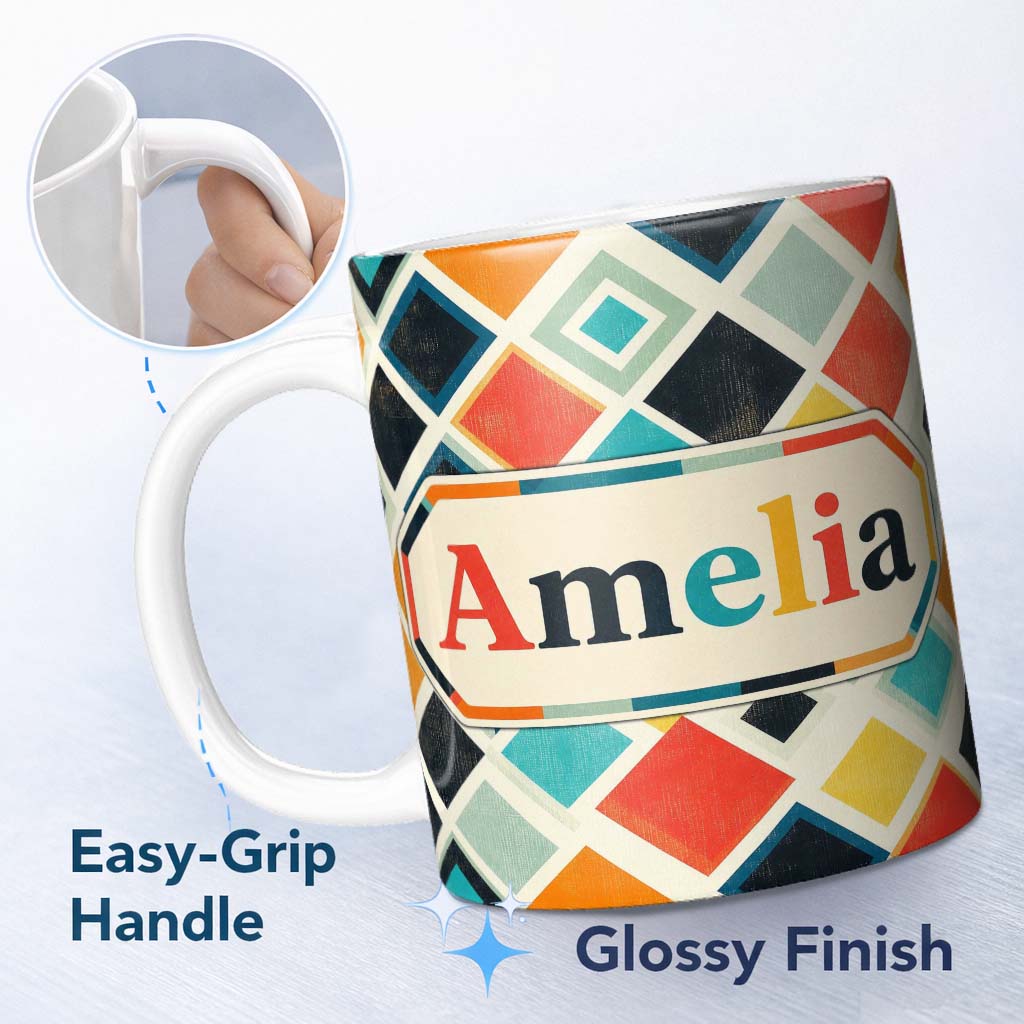 Personalized Custom Name Abstract Mid Century Diamond Shapes Colorful Seamless Pattern Name 11oz Ceramic Coffee Tea Mug White Large Handle