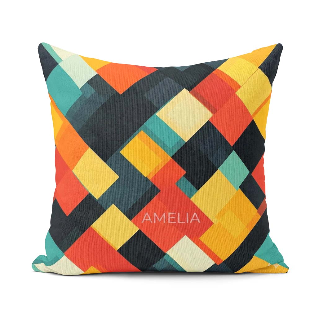 Custom Name Abstract Layered Geometric Squares Bold Pattern Name Square Filled Cushion Throw Pillow Sofa Bed Home Decor Zip Washable UK Made