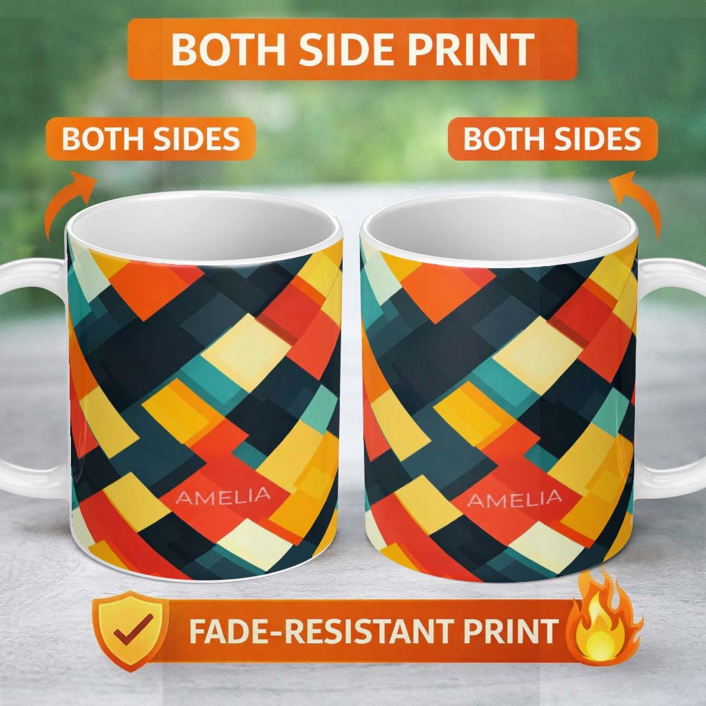 Personalized Custom Name Abstract Layered Geometric Squares Bold Seamless Pattern Name Cute 11oz Ceramic Coffee Tea Mug White Large Handle