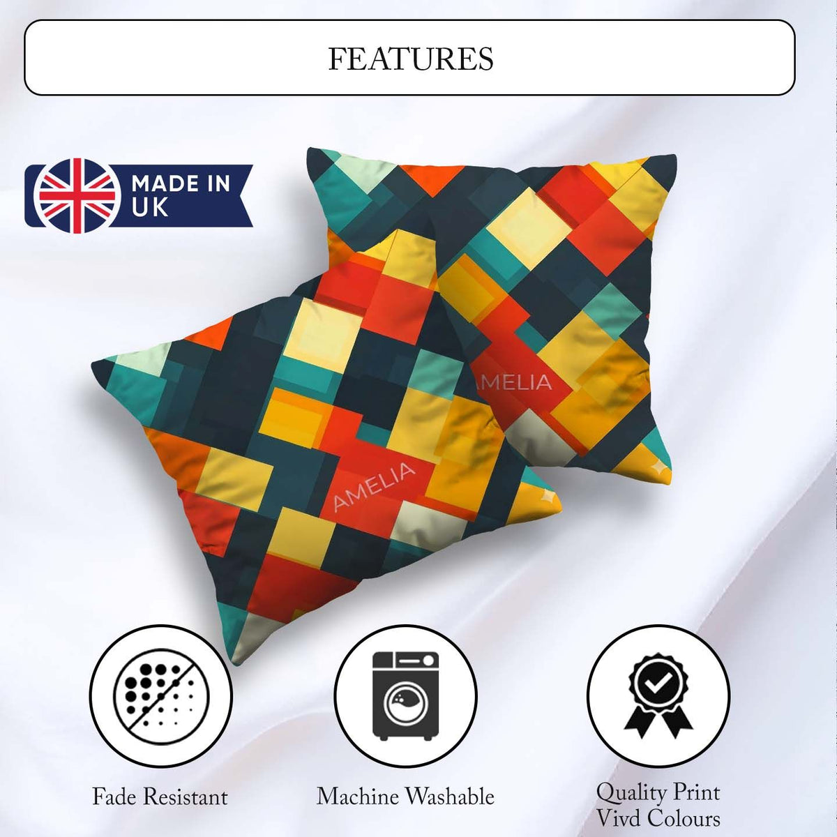 Custom Name Abstract Layered Geometric Squares Bold Pattern Name Square Filled Cushion Throw Pillow Sofa Bed Home Decor Zip Washable UK Made