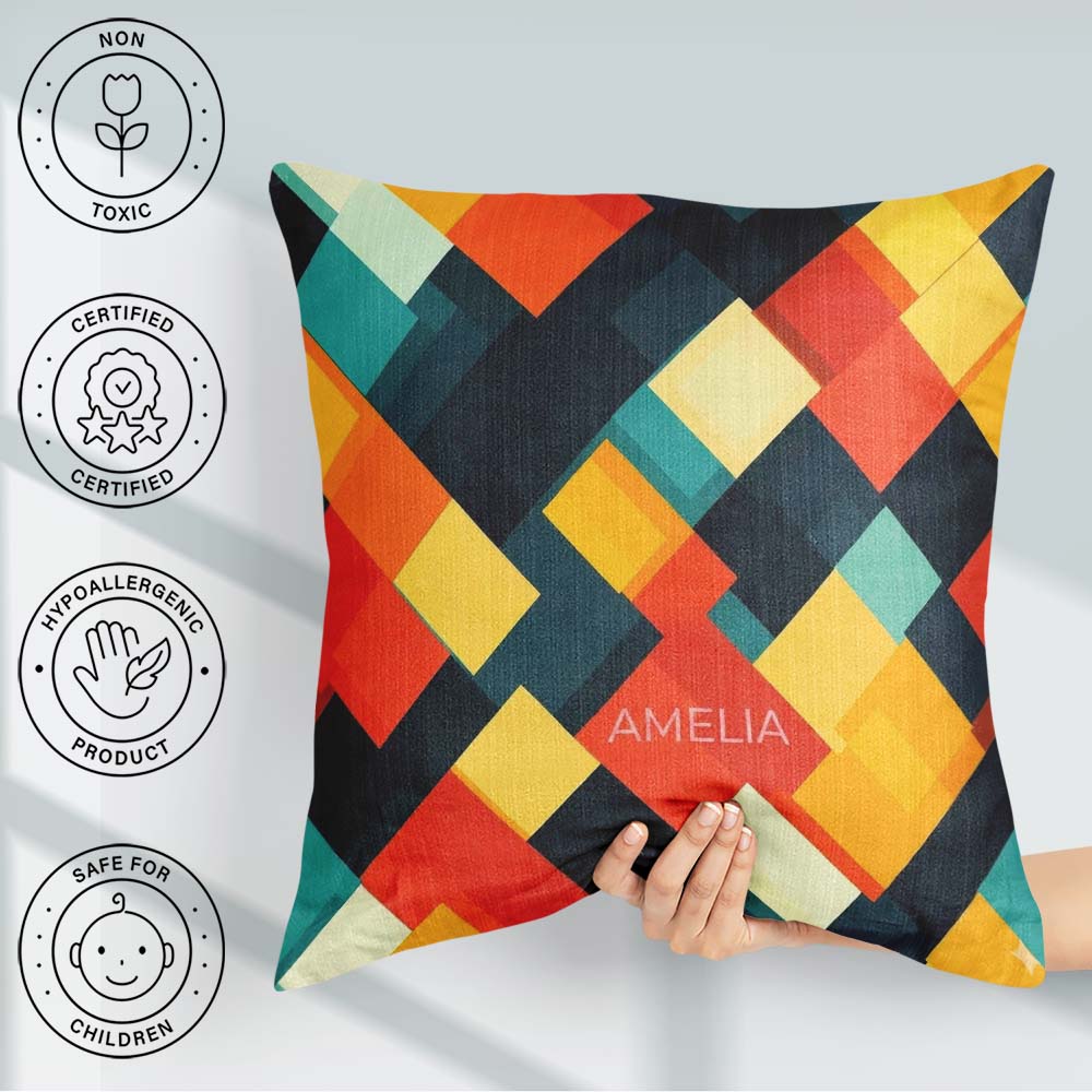 Custom Name Abstract Layered Geometric Squares Bold Pattern Name Square Filled Cushion Throw Pillow Sofa Bed Home Decor Zip Washable UK Made