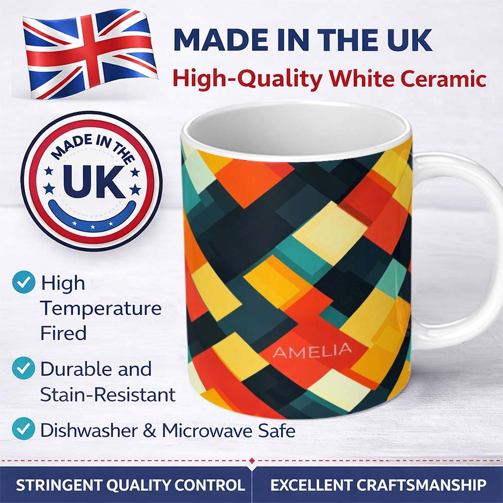 Personalized Custom Name Abstract Layered Geometric Squares Bold Seamless Pattern Name Cute 11oz Ceramic Coffee Tea Mug White Large Handle