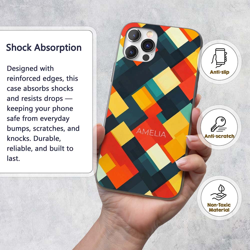 Abstract Layered Geometric Squares Bold Seamless Custom Name Protective Phone Case Mobile Cover Durable Everyday Smartphone Shock Resistant