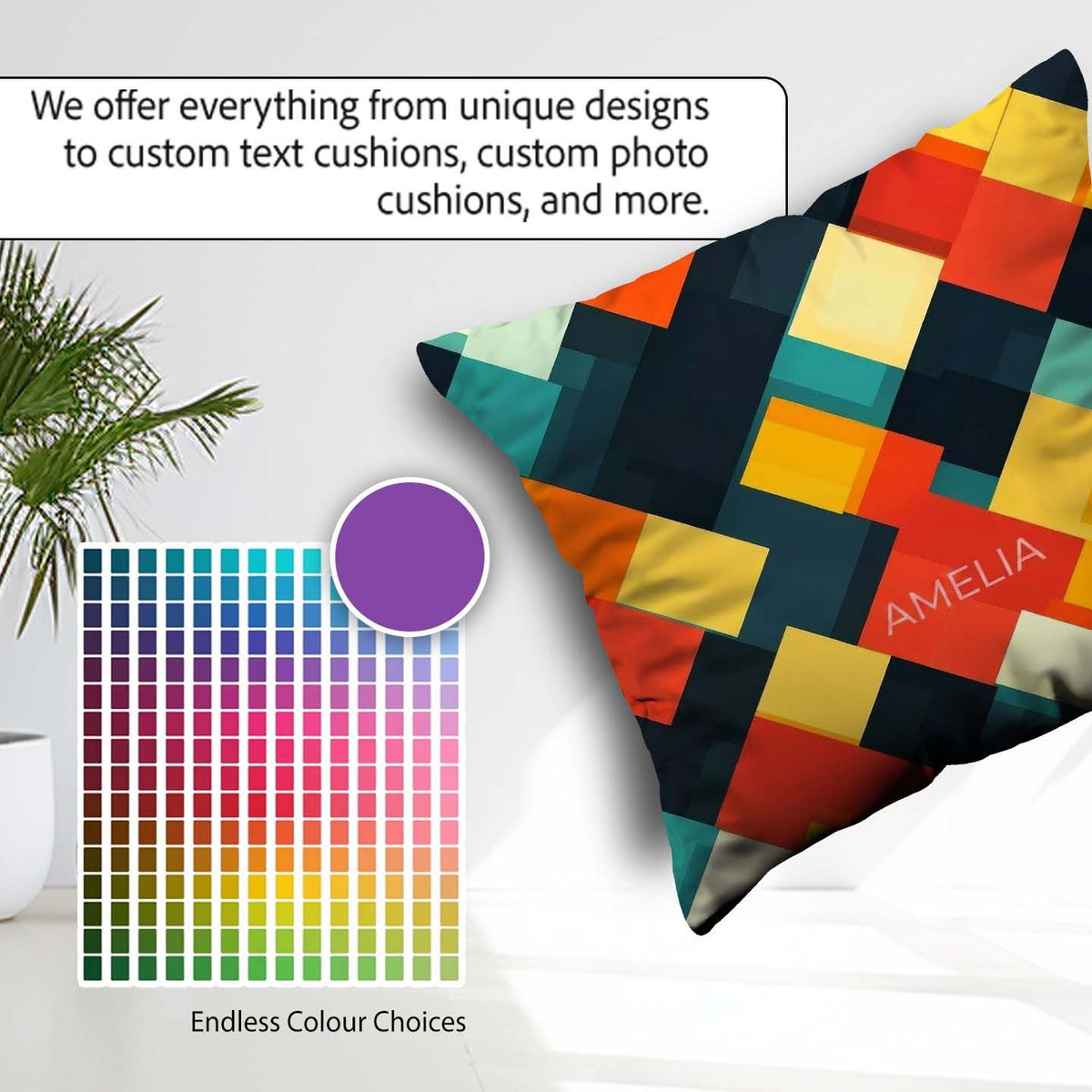 Custom Name Abstract Layered Geometric Squares Bold Pattern Name Square Filled Cushion Throw Pillow Sofa Bed Home Decor Zip Washable UK Made